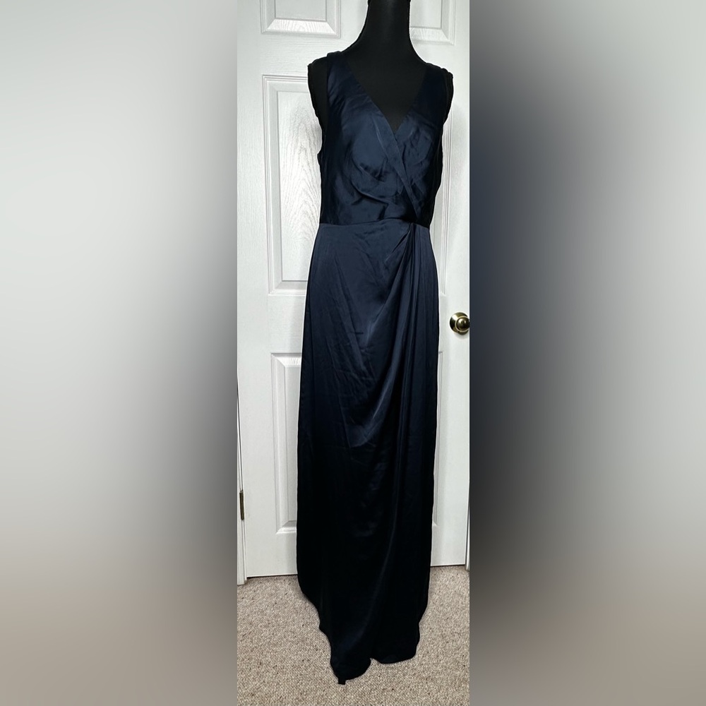 After Six | Midnight Navy Blue
Sleeveless Satin Faux Wrap Gown
Size 10 *Read*